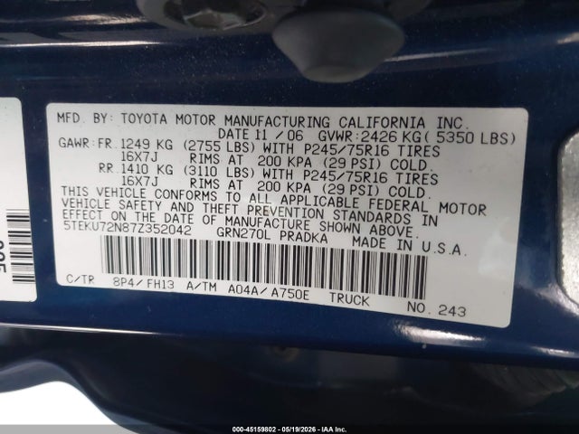 Продажа на аукционе авто 2007 Toyota Tacoma Prerunner V6, vin: 5TEKU72N87Z352042, номер лота: 45159802