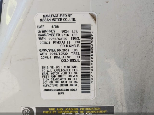 Aukcja sprzedaży 2006 Infiniti Fx45, vin: JNRBS08W66X401502, numer aukcji: 45159804