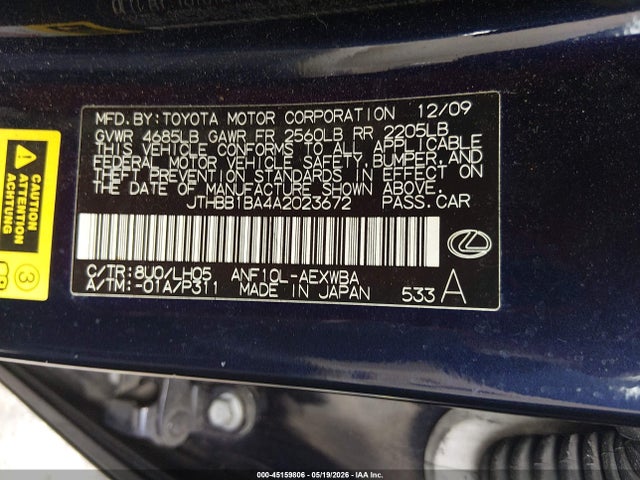 45159806 :رقم المزاد ، JTHBB1BA4A2023672 vin ، 2010 Lexus Hs 250h Premium مزاد بيع
