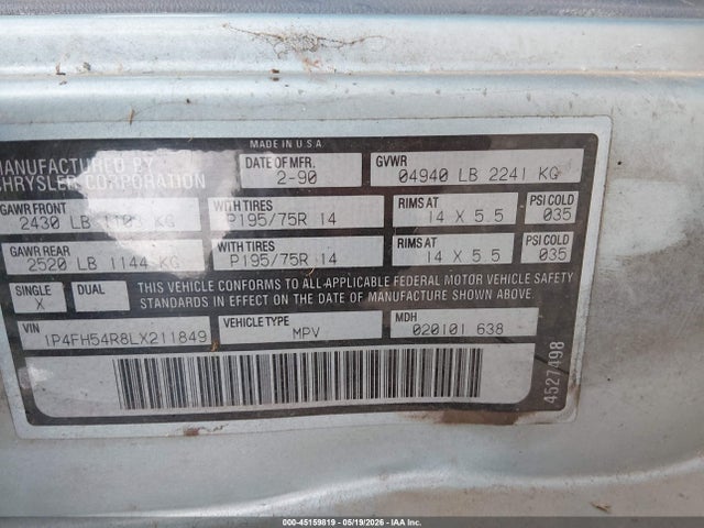 45159819 :رقم المزاد ، 1P4FH54R8LX211849 vin ، 1990 Plymouth Grand Voyager Le مزاد بيع