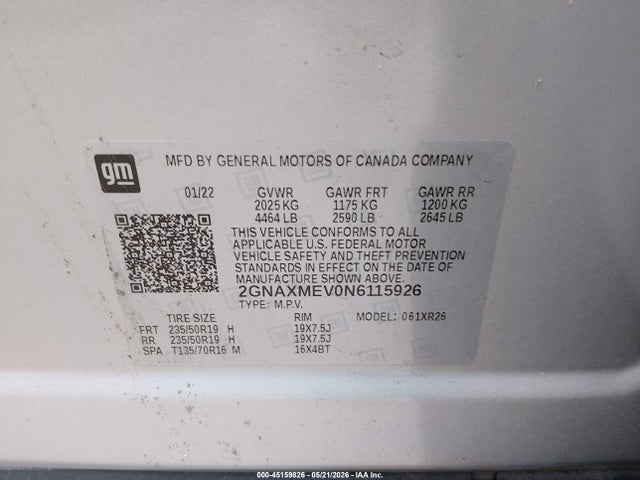 2022 Chevrolet Equinox Fwd Rs მანქანა იყიდება აუქციონზე, vin: 2GNAXMEV0N6115926, აუქციონის ნომერი: 45159826