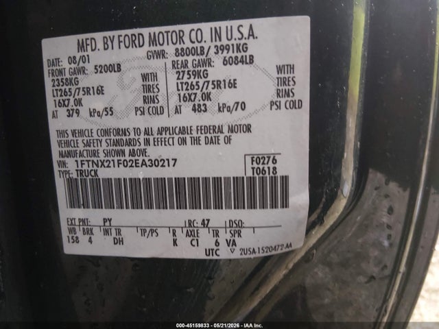 Aukcja sprzedaży 2002 Ford F-250 Lariat/xl/xlt, vin: 1FTNX21F02EA30217, numer aukcji: 45159833