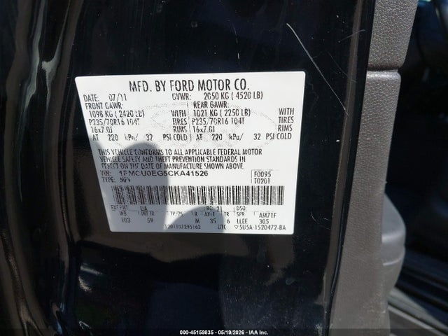 2012 Ford Escape Limited მანქანა იყიდება აუქციონზე, vin: 1FMCU0EG5CKA41526, აუქციონის ნომერი: 45159835