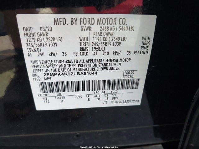 Продажа на аукционе авто 2020 Ford Edge Titanium, vin: 2FMPK4K92LBA81044, номер лота: 45159836