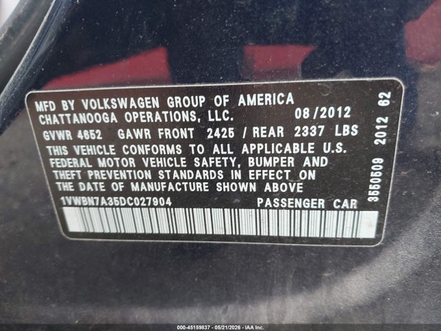 Aukcja sprzedaży 2013 Volkswagen Passat 2.0l Tdi Se, vin: 1VWBN7A35DC027904, numer aukcji: 45159837