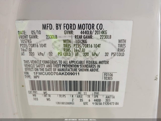 45159838 :رقم المزاد ، 1FMCU0D70AKD09011 vin ، 2010 Ford Escape Xlt مزاد بيع