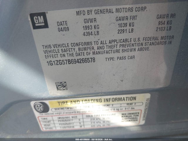 2009 Chevrolet Malibu Ls მანქანა იყიდება აუქციონზე, vin: 1G1ZG57B694266578, აუქციონის ნომერი: 45159850