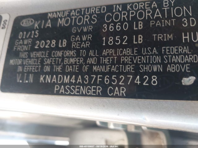 45159857 :رقم المزاد ، KNADM4A37F6527428 vin ، 2015 Kia Rio Lx مزاد بيع