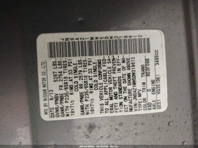 Продажа на аукционе авто 2013 Nissan Murano Sl, vin: JN8AZ1MW5DW319612, номер лота: 45159858