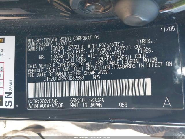 2006 Toyota 4runner Sr5 V6 მანქანა იყიდება აუქციონზე, vin: JTEZU14R960069588, აუქციონის ნომერი: 45159860
