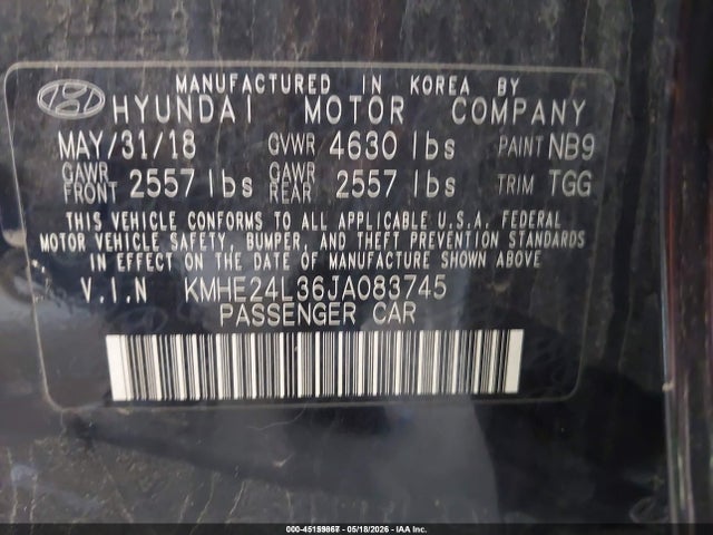 Продажа на аукционе авто 2018 Hyundai Sonata Hybrid Se, vin: KMHE24L36JA083745, номер лота: 45159867