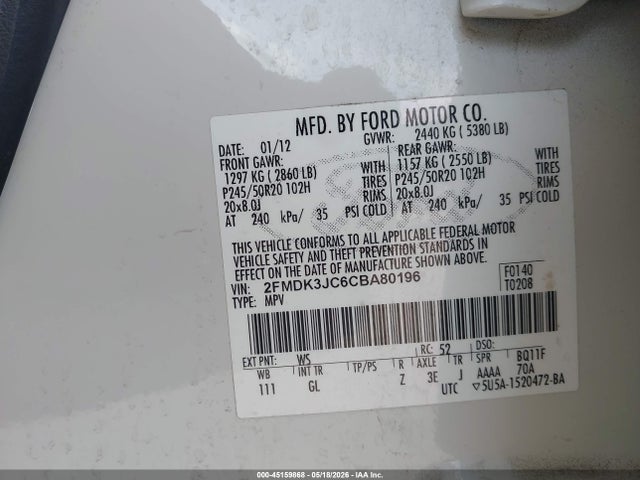 Продажа на аукционе авто 2012 Ford Edge Sel, vin: 2FMDK3JC6CBA80196, номер лота: 45159868