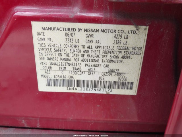 45159902 :رقم المزاد ، 1N4AL21E37N481172 vin ، 2007 Nissan Altima 2.5 S مزاد بيع