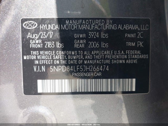 45159903 :رقم المزاد ، 5NPD84LF5JH266474 vin ، 2018 Hyundai Elantra Sel مزاد بيع
