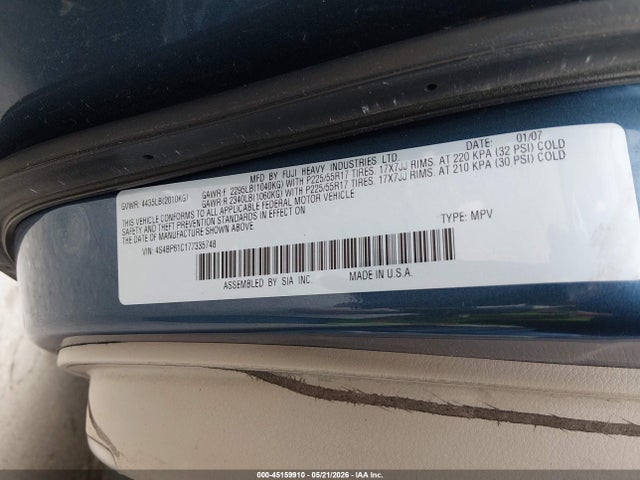 2007 Subaru Outback 2.5i მანქანა იყიდება აუქციონზე, vin: 4S4BP61C177335748, აუქციონის ნომერი: 45159910
