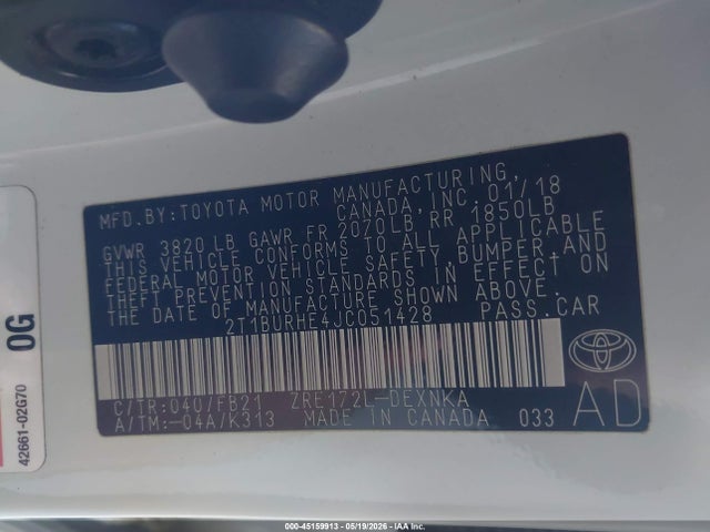 2018 Toyota Corolla Le მანქანა იყიდება აუქციონზე, vin: 2T1BURHE4JC051428, აუქციონის ნომერი: 45159913