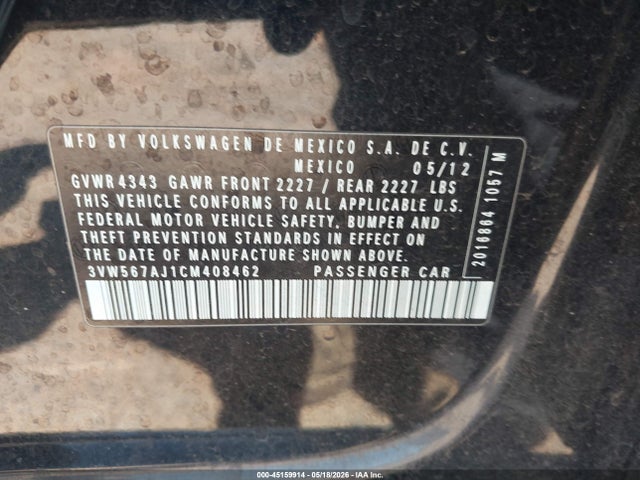 Aukcja sprzedaży 2012 Volkswagen Jetta Gli, vin: 3VW567AJ1CM408462, numer aukcji: 45159914