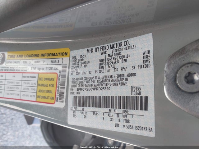 Auction sale of the 2023 Ford Bronco Sport Big Bend, vin: 3FMCR9B69PRD25390, lot number: 45159932