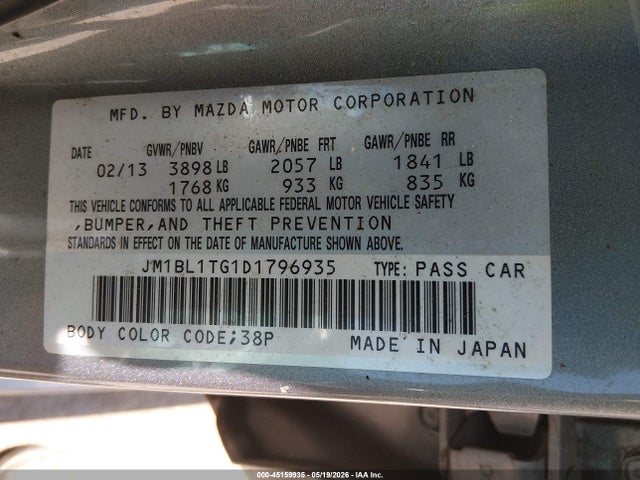 45159935 :رقم المزاد ، JM1BL1TG1D1796935 vin ، 2013 Mazda Mazda3 I Sv مزاد بيع
