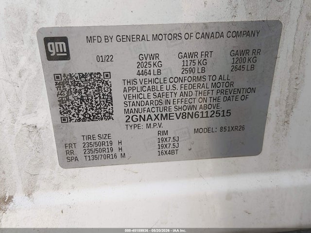 2GNAXMEV8N6112515 Chevrolet Equinox Fwd Rs