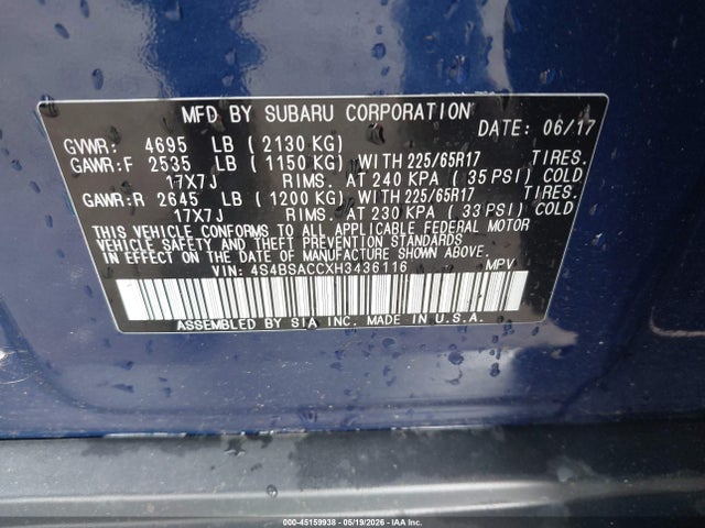 Aukcja sprzedaży 2017 Subaru Outback 2.5i Premium, vin: 4S4BSACCXH3436116, numer aukcji: 45159938