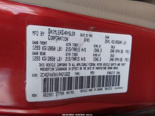 45159939 :رقم المزاد ، 2C4GP44341R421622 vin ، 2001 Chrysler Town & Country Lx مزاد بيع
