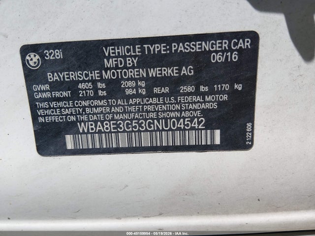 2016 Bmw 328i Xdrive მანქანა იყიდება აუქციონზე, vin: WBA8E3G53GNU04542, აუქციონის ნომერი: 45159954