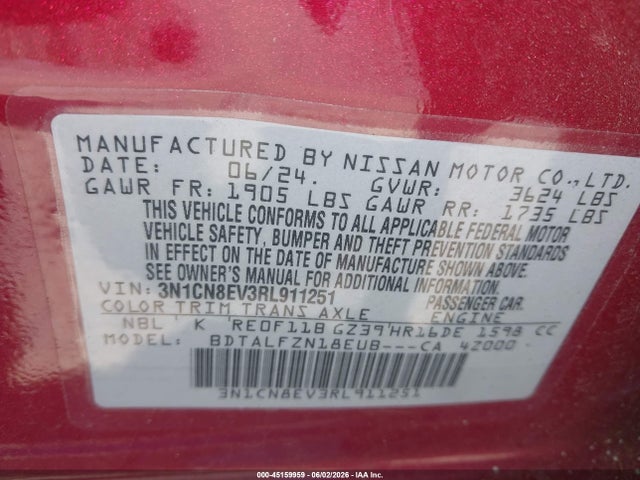 Продажа на аукционе авто 2024 Nissan Versa 1.6 Sv, vin: 3N1CN8EV3RL911251, номер лота: 45159959