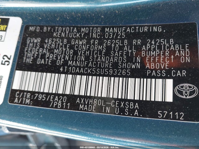 45159968 :رقم المزاد ، 4T1DAACK5SU593265 vin ، 2025 Toyota Camry Se مزاد بيع
