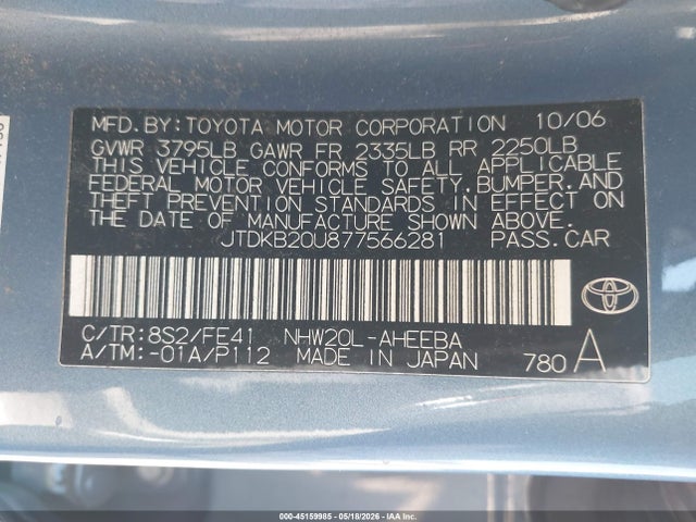 Продажа на аукционе авто 2007 Toyota Prius, vin: JTDKB20U877566281, номер лота: 45159985