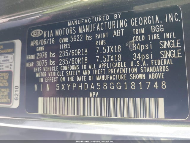 Продаж на аукціоні авто 2016 Kia Sorento 3.3l Ex, vin: 5XYPHDA58GG181748, номер лоту: 45159992