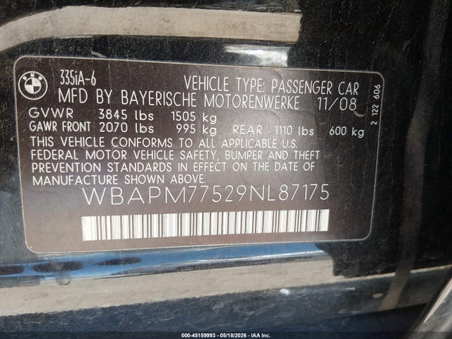 2009 Bmw 335i მანქანა იყიდება აუქციონზე, vin: WBAPM77529NL87175, აუქციონის ნომერი: 45159993