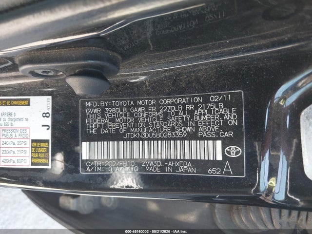 Aukcja sprzedaży 2011 Toyota Prius Two, vin: JTDKN3DU5B0283359, numer aukcji: 45160002