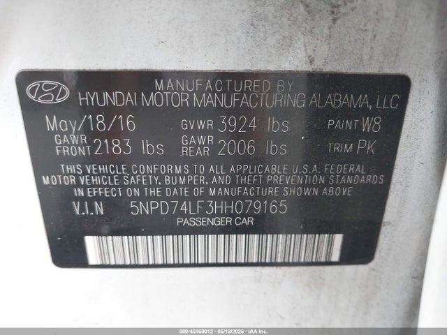 Aukcja sprzedaży 2017 Hyundai Elantra Se, vin: 5NPD74LF3HH079165, numer aukcji: 45160012