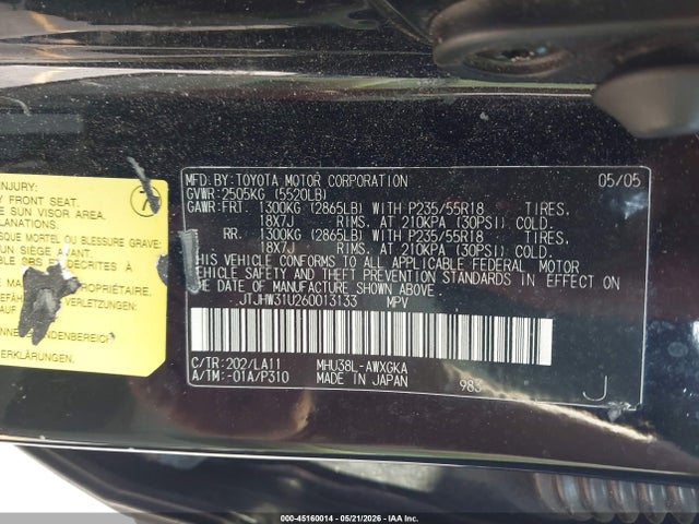 Aukcja sprzedaży 2006 Lexus Rx 400h, vin: JTJHW31U260013133, numer aukcji: 45160014