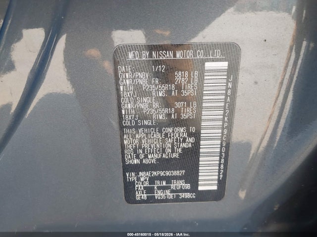 Продаж на аукціоні авто 2012 Nissan Quest Sl, vin: JN8AE2KP9C9038827, номер лоту: 45160015