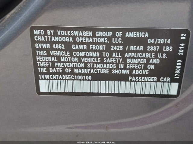 Aukcja sprzedaży 2014 Volkswagen Passat 2.0l Tdi Sel Premium, vin: 1VWCN7A35EC100100, numer aukcji: 45160023