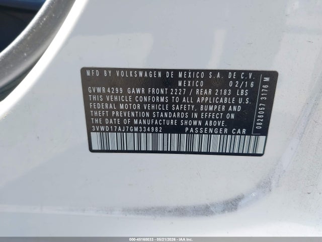 Продажа на аукционе авто 2016 Volkswagen Jetta 1.8t Sport, vin: 3VWD17AJ7GM334982, номер лота: 45160033