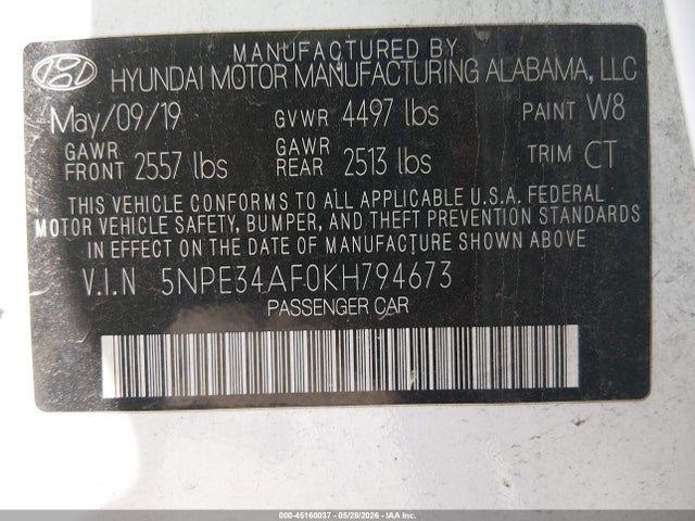 45160037 :رقم المزاد ، 5NPE34AF0KH794673 vin ، 2019 Hyundai Sonata Sport مزاد بيع