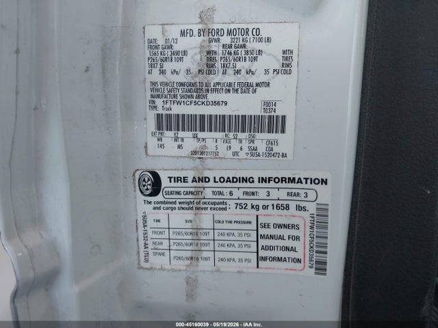 Продажа на аукционе авто 2012 Ford F-150 Xlt, vin: 1FTFW1CF5CKD35679, номер лота: 45160039