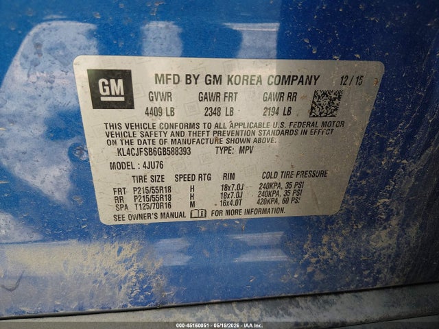 Aukcja sprzedaży 2016 Buick Encore Convenience, vin: KL4CJFSB6GB588393, numer aukcji: 45160051
