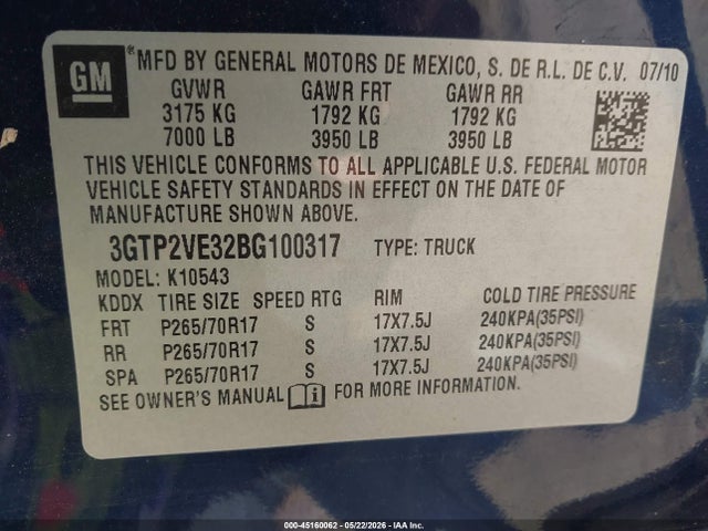 Продажа на аукционе авто 2011 Gmc Sierra 1500 Sle, vin: 3GTP2VE32BG100317, номер лота: 45160062