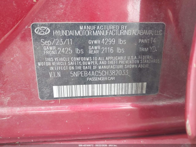 Aukcja sprzedaży 2012 Hyundai Sonata Gls, vin: 5NPEB4AC5CH382033, numer aukcji: 45160072