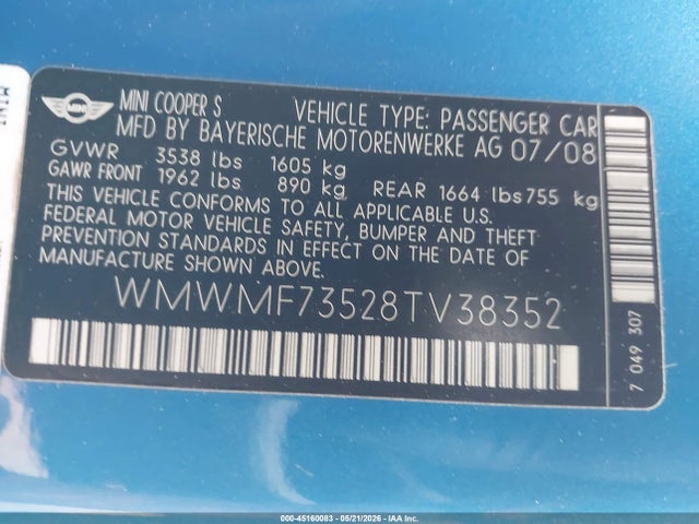 Продаж на аукціоні авто 2008 Mini Cooper S, vin: WMWMF73528TV38352, номер лоту: 45160083
