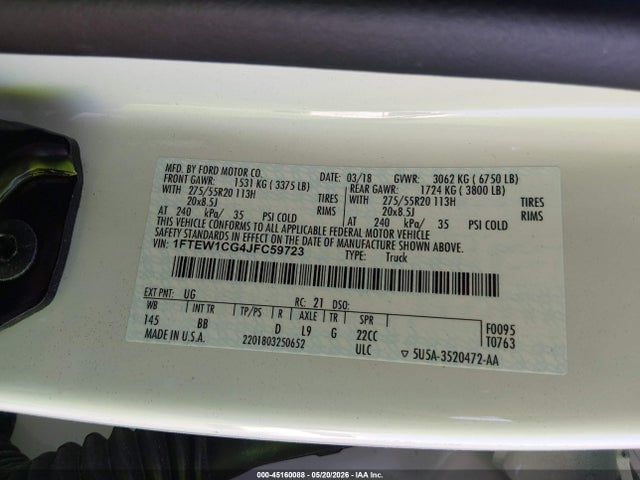 Aukcja sprzedaży 2018 Ford F-150 Platinum, vin: 1FTEW1CG4JFC59723, numer aukcji: 45160088