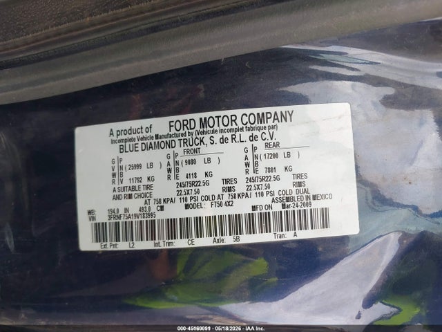45160091 :رقم المزاد ، 3FRNF75A19V183995 vin ، 2009 Ford F-750 Xl/xlt مزاد بيع