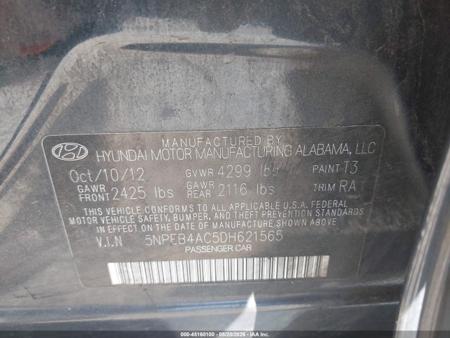 Aukcja sprzedaży 2013 Hyundai Sonata Gls, vin: 5NPEB4AC5DH621565, numer aukcji: 45160100