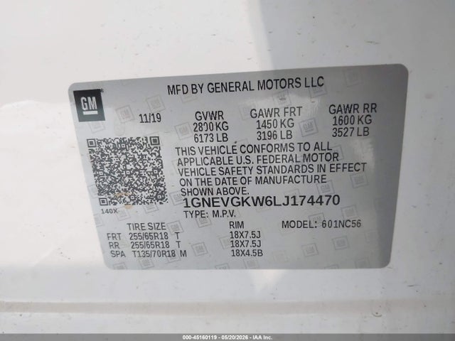 45160119 :رقم المزاد ، 1GNEVGKW6LJ174470 vin ، 2020 Chevrolet Traverse Awd Lt Cloth مزاد بيع