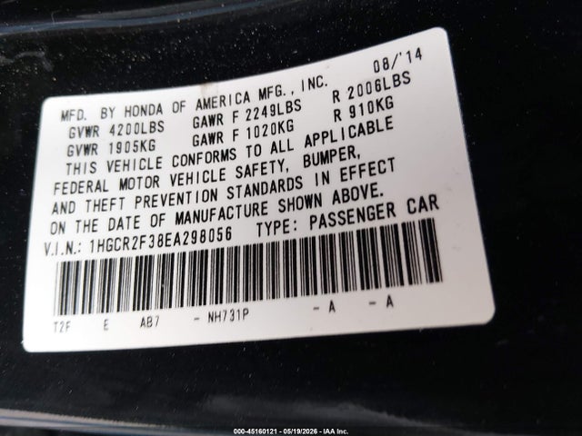 Aukcja sprzedaży 2014 Honda Accord Lx, vin: 1HGCR2F38EA298056, numer aukcji: 45160121