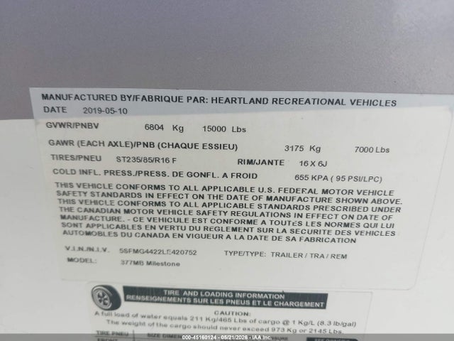 Продаж на аукціоні авто 2020 Heartland 377mb, vin: 5SFMG4422LE420752, номер лоту: 45160124